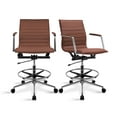 thumbnail image 1 of 2xhome Set of 2 Modern Drafting Chair | Upholstered PU Leather Ribbed Mid Back with Tall Adjustable Base & Leg Rest | Computer Armchair for Home, Executive, Conference, Meetings (Brown), 1 of 11
