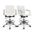 thumbnail image 1 of 2xhome Set of 2 Modern Drafting Chair | Upholstered PU Leather Ribbed Mid Back with Tall Adjustable Base & Leg Rest | Computer Armchair for Home, Executive, Conference, Meetings (White), 1 of 13