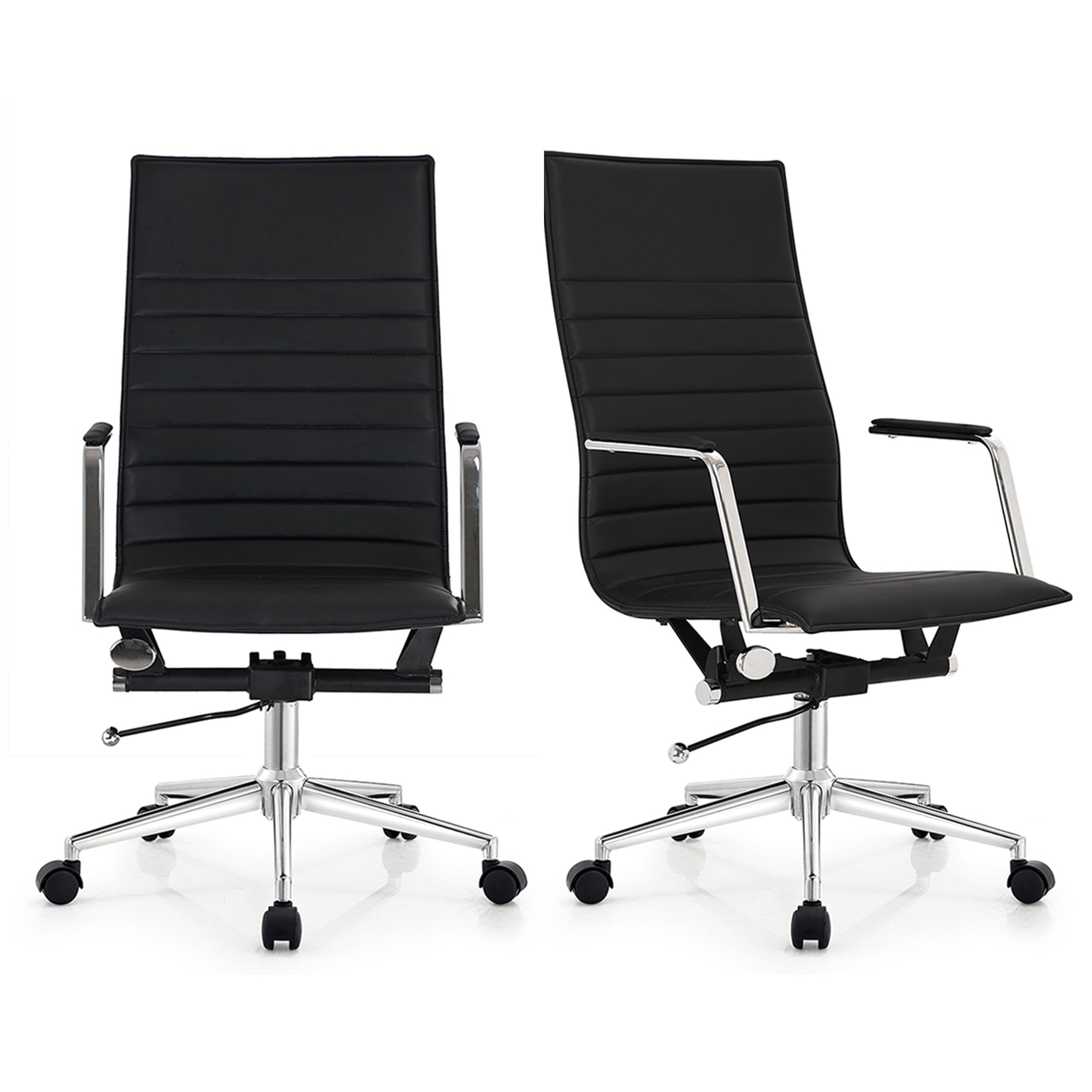 2xhome Set of 2 Modern High Back Office Desk Chair | Upholstered Ribbed PU Leather with Metal Frame | Computer Armchair for Home, Executive, Conference, Meetings (Black)