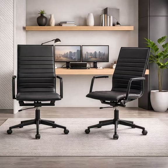 2xhome Set of 2 Modern High Back Office Desk Chair | Upholstered Ribbed PU Leather with Metal Frame | Computer Armchair for Home, Executive, Conference, Meetings (All Black)