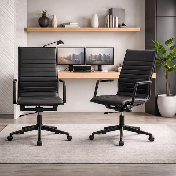 2xhome Set of 2 Modern High Back Office Desk Chair | Upholstered Ribbed PU Leather with Metal Frame | Computer Armchair for Home, Executive, Conference, Meetings (All Black)