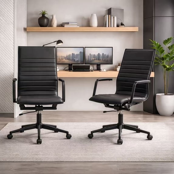 2xhome Set of 2 Modern High Back Office Desk Chair | Upholstered Ribbed PU Leather with Metal Frame | Computer Armchair for Home, Executive, Conference, Meetings (All Black)