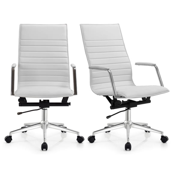 2xhome Set of 2 Modern High Back Office Desk Chair | Upholstered Ribbed PU Leather with Metal Frame Computer Armchair for Home, Executive, Conference, Meetings (White)