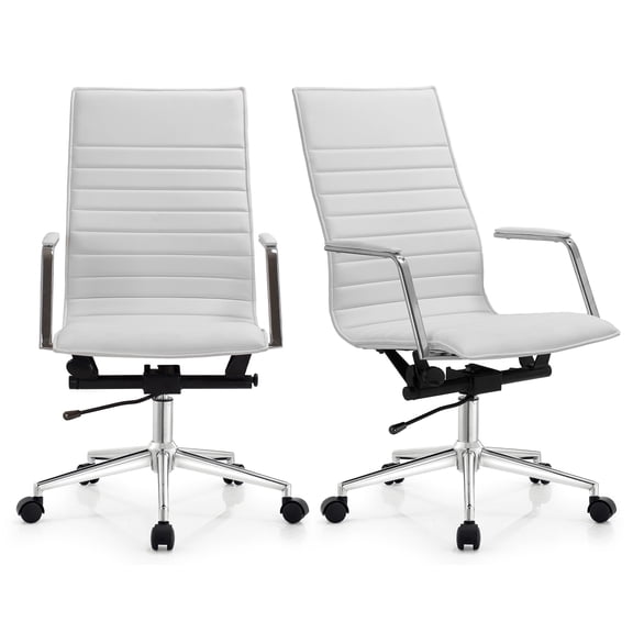 2xhome Set of 2 Modern High Back Office Desk Chair | Upholstered Ribbed PU Leather with Metal Frame Computer Armchair for Home, Executive, Conference, Meetings (White)