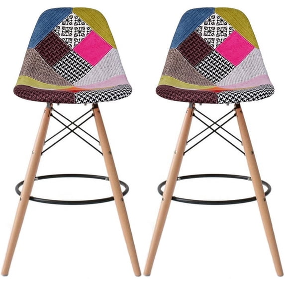 2xhome - Set of 2 Multicolor - 29" Seat Height Modern Upholstered Fabric Bar Stool Barstool Counter Stools with backs and armless Natural Legs Wood Eiffel Legs Dowel-Leg