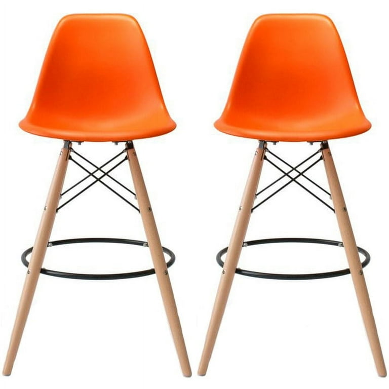 2xhome Set of 2 Modern 28 Color Seat Height Dsw Molded Armless Plastic Counter Bar Stool Natural Wood Eiffel Dowel Legs Kitchen Orange