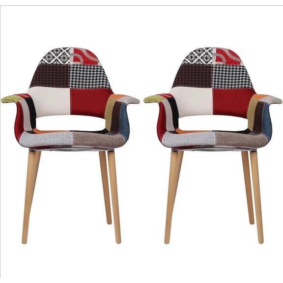 2xhome - Set of 2 Organic Upholstered Patchwork Pattern Quilted Fabric Modern Armchairs with Natural Wooden Legs for Dining Room Office or Accent Chair (Sam)