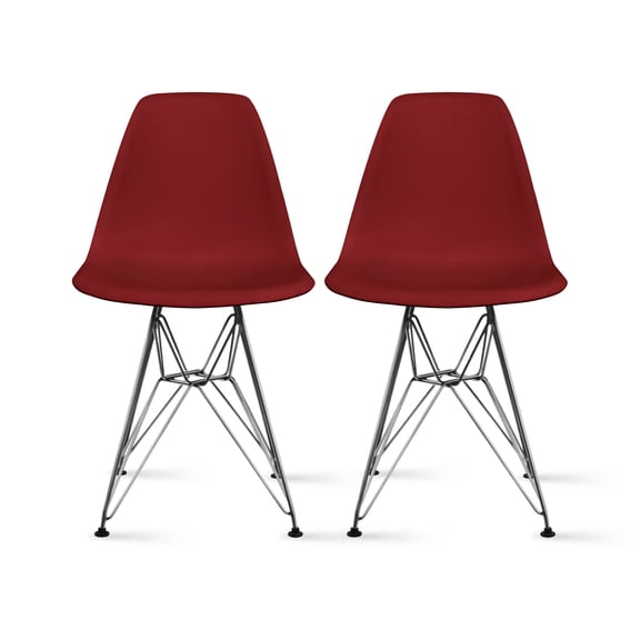 2xhome Set of 2 Red Desk Chair Mid Century Modern Plastic Molded Shell Assembled Chairs Chrome Wire Metal Eiffel Side Armless No Arms DSW for Work Office Dining Living Kitchen Bedroom