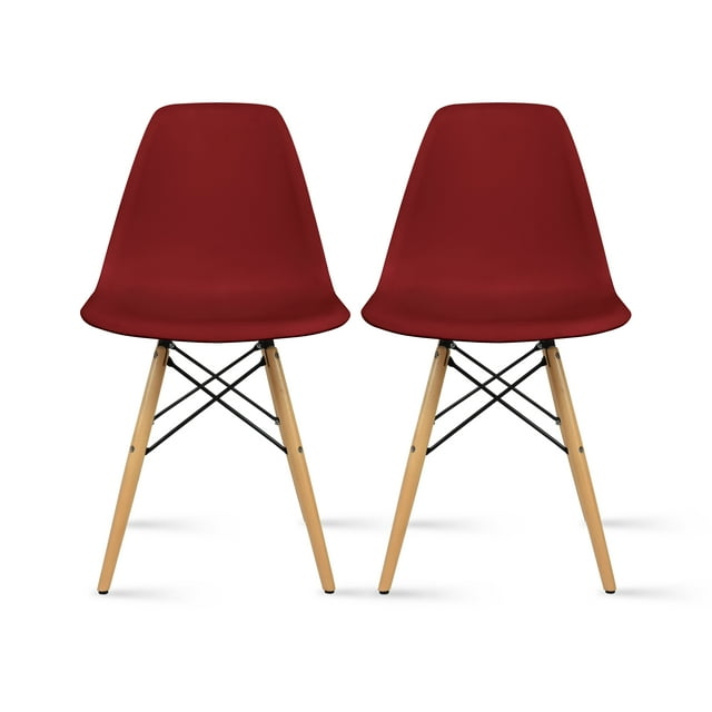 2xhome Set of 2 Red Mid Century Modern Contemporary Vintage Molded Shell Designer Side Plastic Eiffel Chairs Wood Legs for Dining Room Living Office Conference DSW Desk Kitchen Comfortable