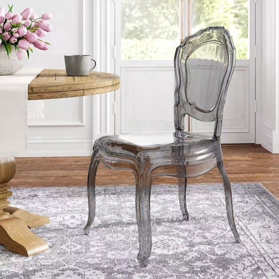 2xhome Set of 2 Contemporary Transitional Stackable Dining Chairs, Transparent Glossy Acrylic Side Chairs with Decorative Open Back Design for Dining Room, Vanity, Living Room, and Patio, Smoke Gray
