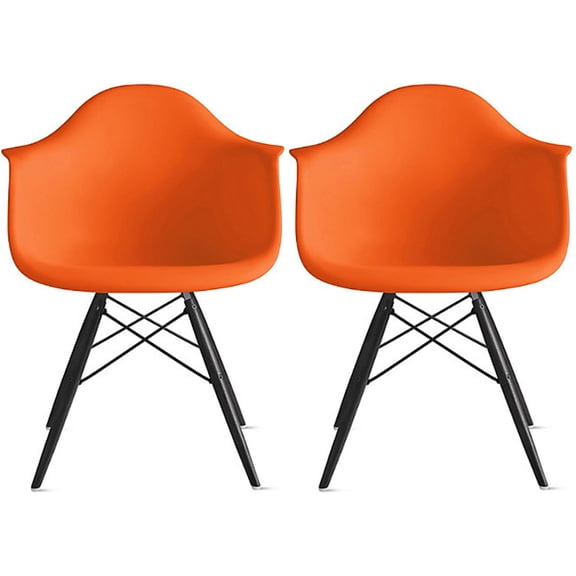 2xhome - Set of 2 (Two) Orange - Plastic Armchair Black Wood Legs Eiffel Dining Room Chair - Lounge Chair Arm Chair Arms Chairs Seats Wire Leg Dowel Leg Legged Base Chrome Metal Eiffel Work
