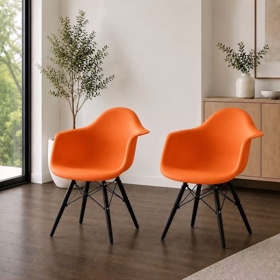 2xhome - Set of 2 (Two) Orange - Plastic Armchair Black Wood Legs Eiffel Dining Room Chair - Lounge Chair Arm Chair Arms Chairs Seats Wire Leg Dowel Leg Legged Base Chrome Metal Eiffel Work