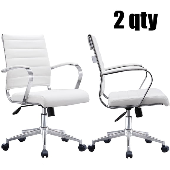 2xhome - Set of 2 White Office Chair Ribbed - Modern Ergonomic Mid Back PU Leather With Cushion Seat Task Swivel Tilt Arms Conference Room Chair Manager Boss Executive Chairs