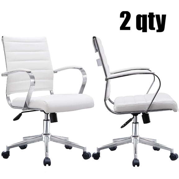 2xhome - Set of 2 White Office Chair Ribbed - Modern Ergonomic Mid Back PU Leather With Cushion Seat Task Swivel Tilt Arms Conference Room Chair Manager Boss Executive Chairs