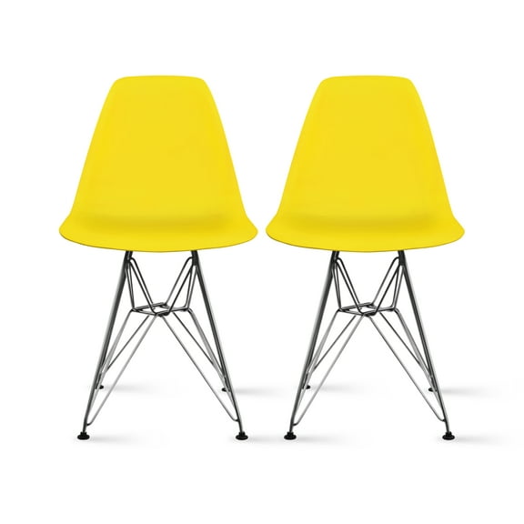 2xhome Set of 2 Yellow Desk Chair Mid Century Modern Plastic Molded Shell Assembled Chairs Chrome Wire Metal Eiffel Side Armless No Arms DSW for Work Office Dining Living Kitchen Bedroom