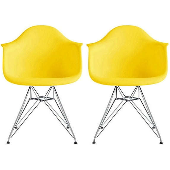 2xhome Set of 2 Yellow Mid Century Modern Industrial Plastic Dining Chairs Eiffel Molded With Arms Armchairs Chrome Metal Silver Legs Desk Accent Chair for Kitchen Furniture Office Living Room DSW