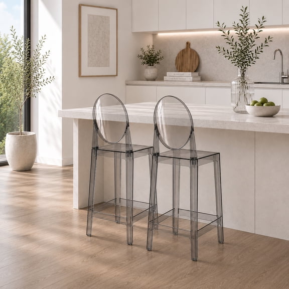 2xhome Set of 4 25" Seat Height Smoke Contemporary Modern Glam Barstool Modern Ghost Chair Ghost Stool Side Chairs Molded Plastic Bar Stool Counter No Arms Lounge Kitchen With Back