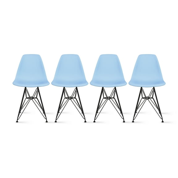 2xhome Set of 4 Blue Modern Industrial Molded Shell Assembled Chairs Chrome Wire Black Metal Eiffel Side Armless No Arms With Back DSW for Desk Work Office Dining Living Kitchen Bedroom Home