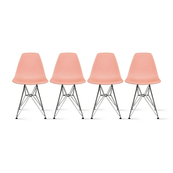 2xhome Set of 4 Coral Pink Mid Century Modern Vintage Molded Shell Chairs Chrome Wire Metal Eiffel Side Armless No Arms With Back DSW for Desk Work Office Dining Living Kitchen Bedroom
