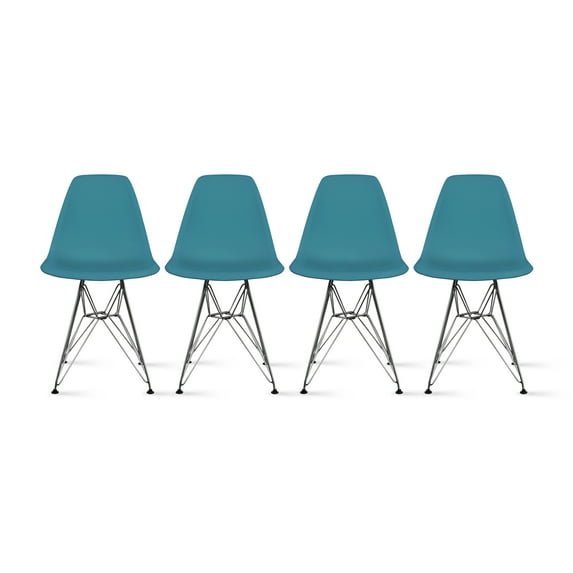 2xhome Set of 4 Teal Mid Century Modern Vintage Molded Shell Assembled Chairs Chrome Wire Metal Eiffel Side Armless No Arms With Back DSW for Desk Work Office Dining Living Kitchen Bedroom