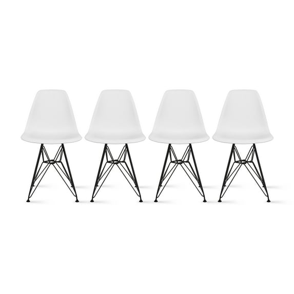 2xhome Set of 4 White Modern Industrial Molded Shell Assembled Chairs Chrome Wire Black Metal Eiffel Side Armless No Arms With Back for Desk Work Office Dining Living Kitchen Bedroom Home