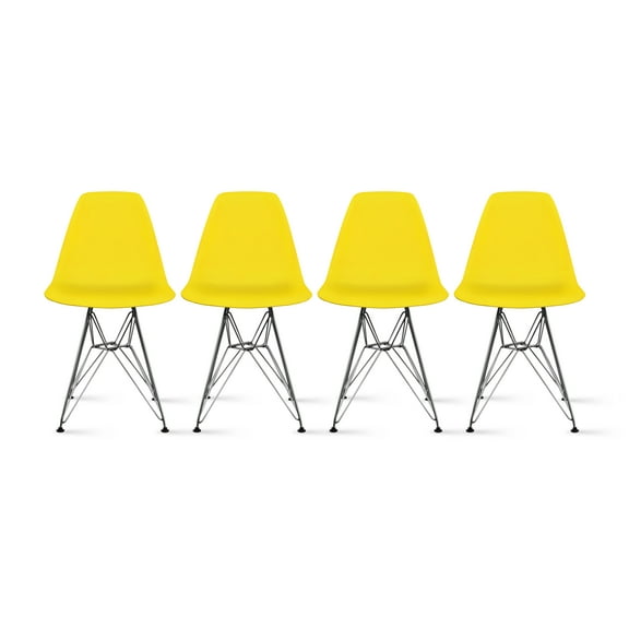 2xhome Set of 4 Yellow Mid Century Modern Vintage Molded Shell Assembled Chairs Chrome Wire Metal Eiffel Side Armless No Arms With Back DSW for Desk Work Office Dining Living Kitchen Bedroom