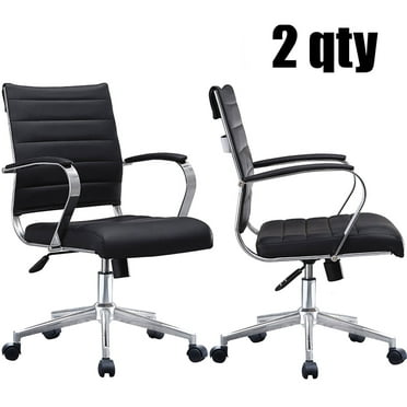 2xhome Set of Two - Black- Modern Mid Back Ribbed PU Leather Swivel Tilt Adjustable Chair Designer Boss Executive Management Manager Office Conference Room Work Task Computer …