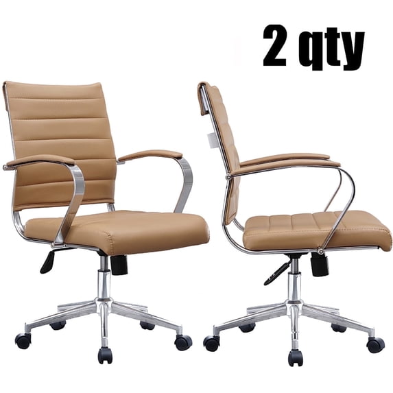 2xhome Set of Two - Brown- Modern Mid Back Ribbed PU Leather Swivel Tilt Adjustable Chair Designer Boss Executive Management Manager Office Conference Room Work Task Computer …