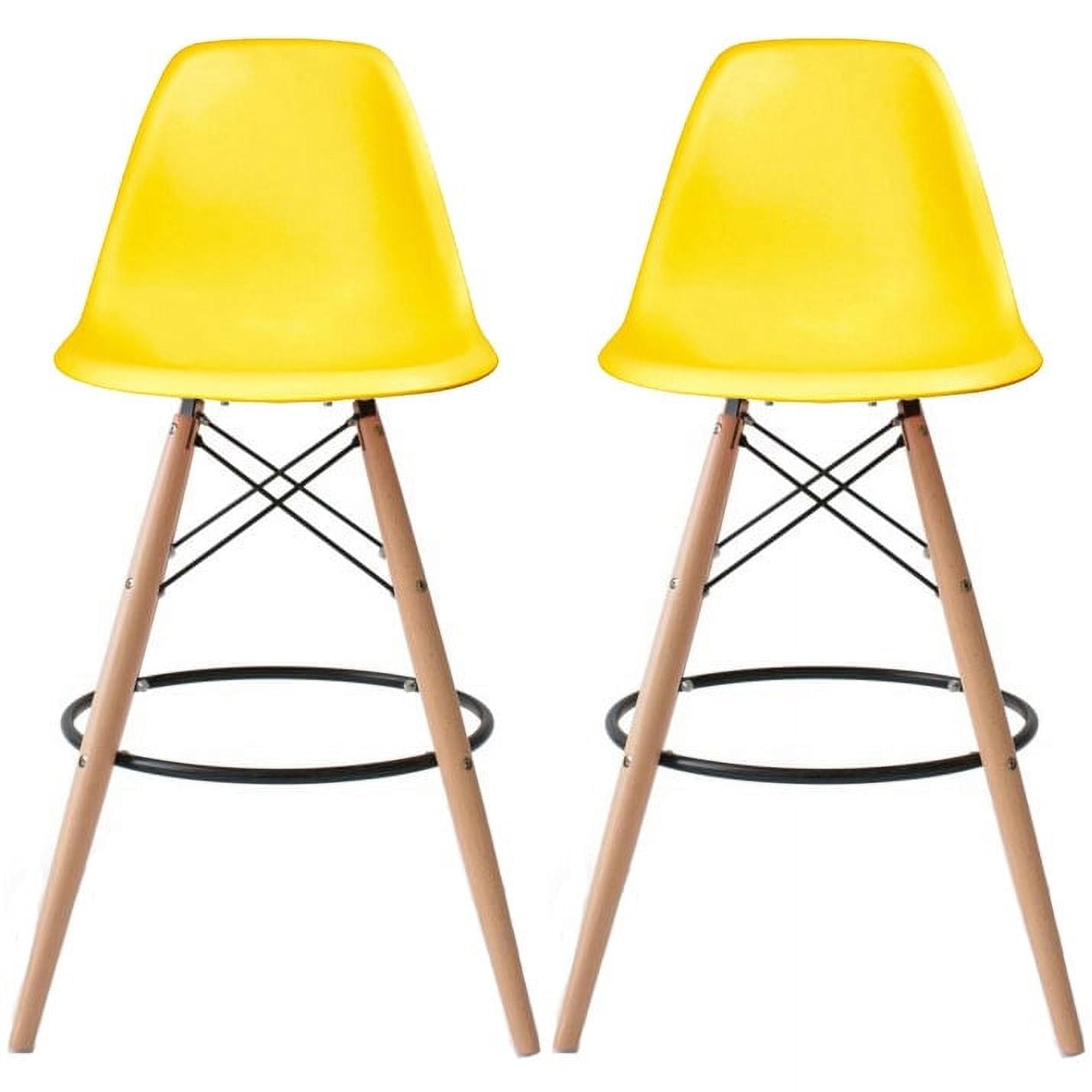 Set of 2 Yellow Plastic Bar Stools with Wood and Metal Legs