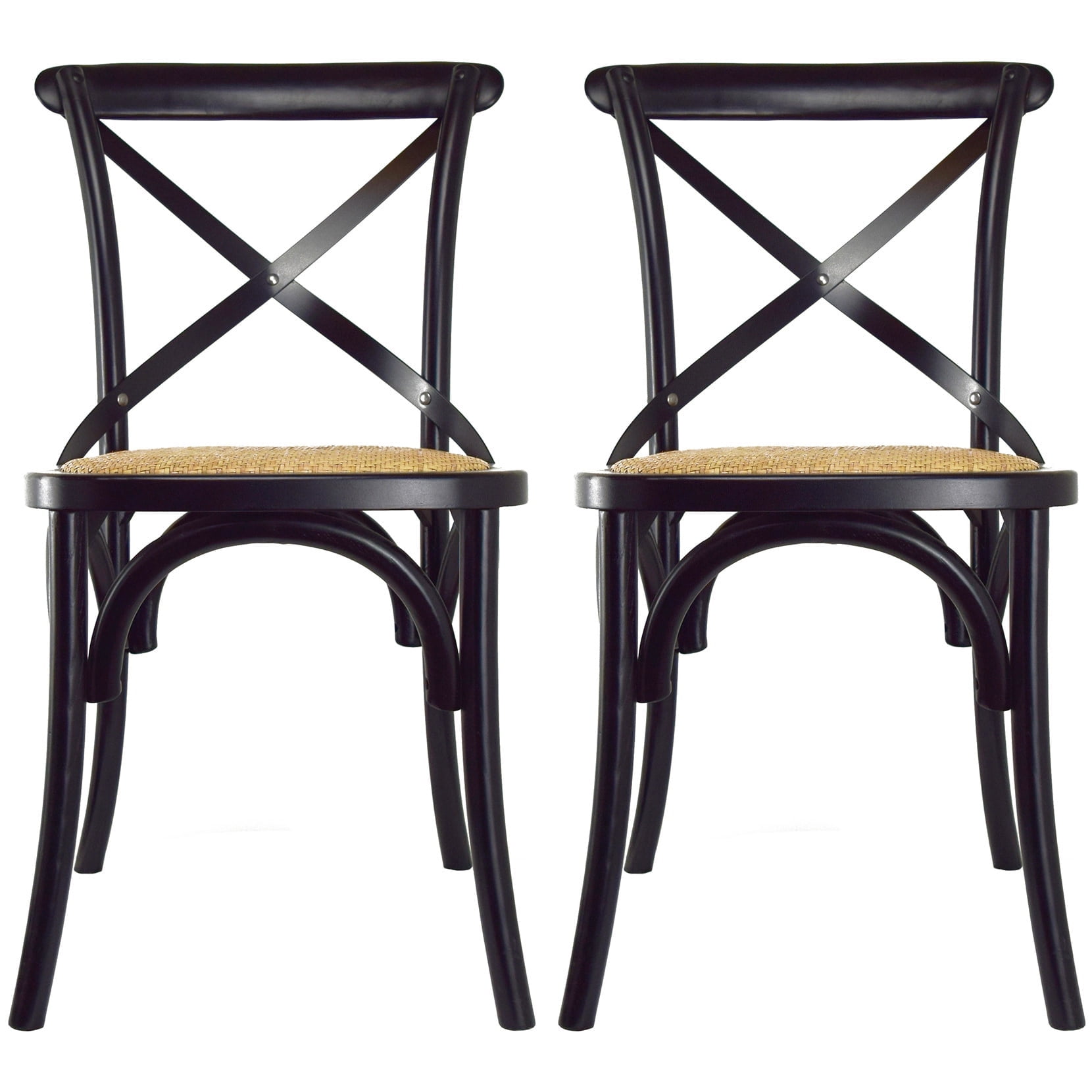 Set of 2 Black Wood and Rattan Cross Back Dining Chairs