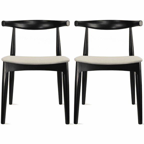 2xhome Set of 2 Contemporary Farmhouse Real Solid Wood Cloth Cushion Seat Dining Chairs Elbow Side Chair (Black-Beige Seat)