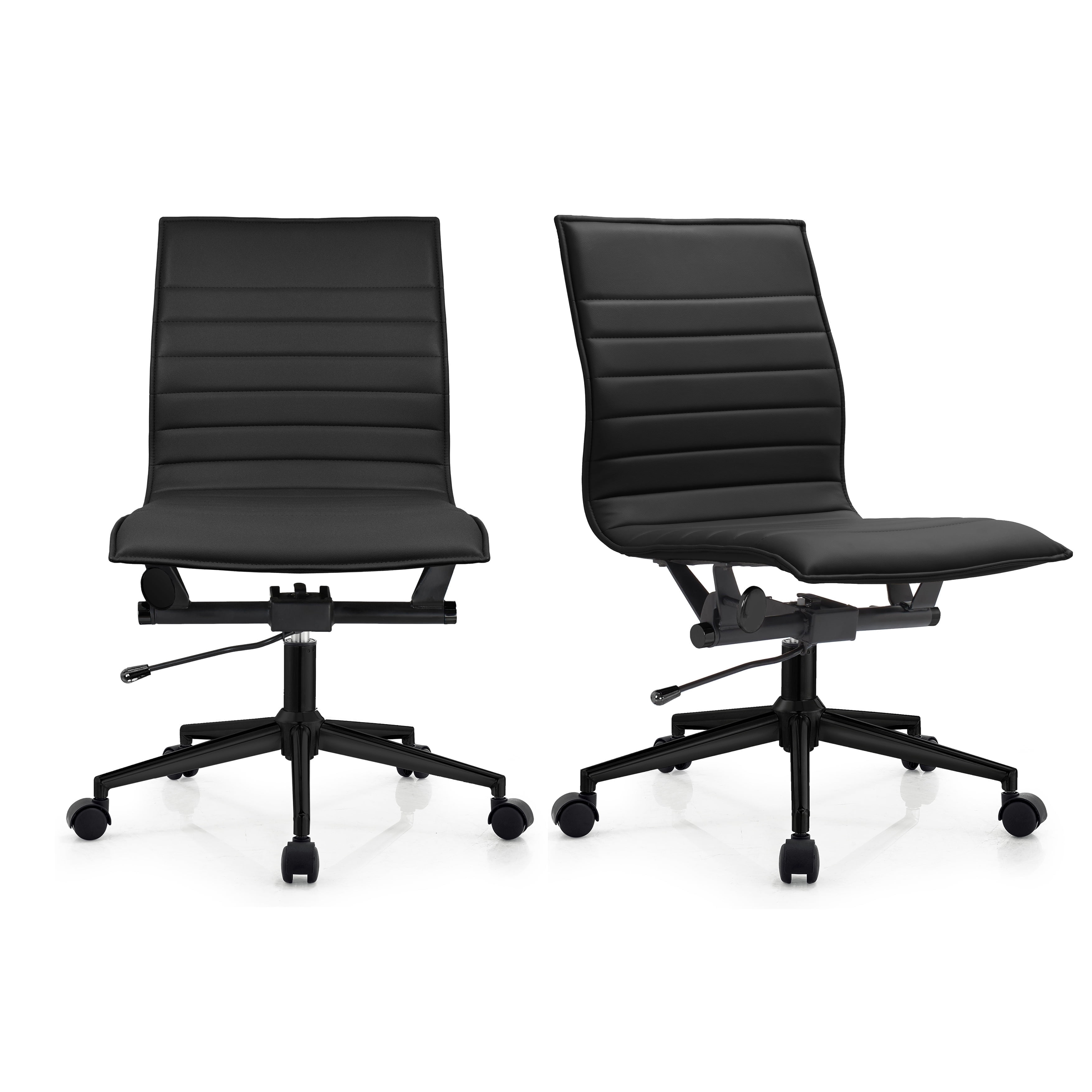 2xhome Set of 2 Mid Back Height Modern Home Office Chair, Ribbed PU Leather Seat with Swivel Tilt Adjustable Ergonomic Computer Desk Chair, All Black