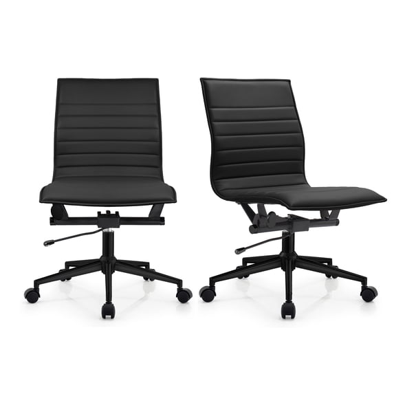 2xhome Set of 2 Mid Back Height Modern Home Office Chair, Ribbed PU Leather Seat with Swivel Tilt Adjustable Ergonomic Computer Desk Chair, All Black