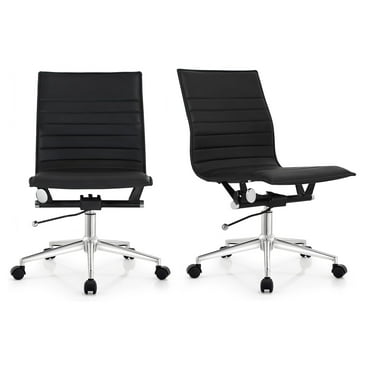 2xhome Set of 2 Mid Back Height Modern Home Office Chair, Ribbed PU Leather Seat with Swivel Tilt Adjustable Ergonomic Computer Desk Chair, Black
