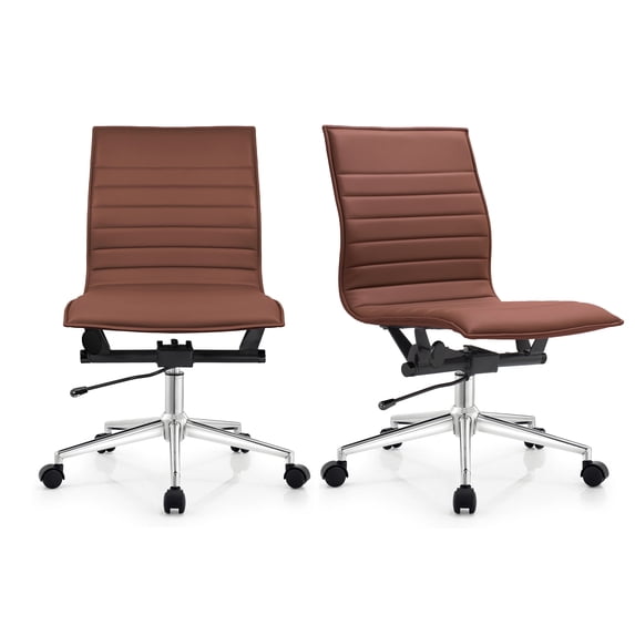 2xhome Set of 2 Mid Back Height Modern Home Office Chair, Ribbed PU Leather Seat with Swivel Tilt Adjustable Ergonomic Computer Desk Chair, Brown