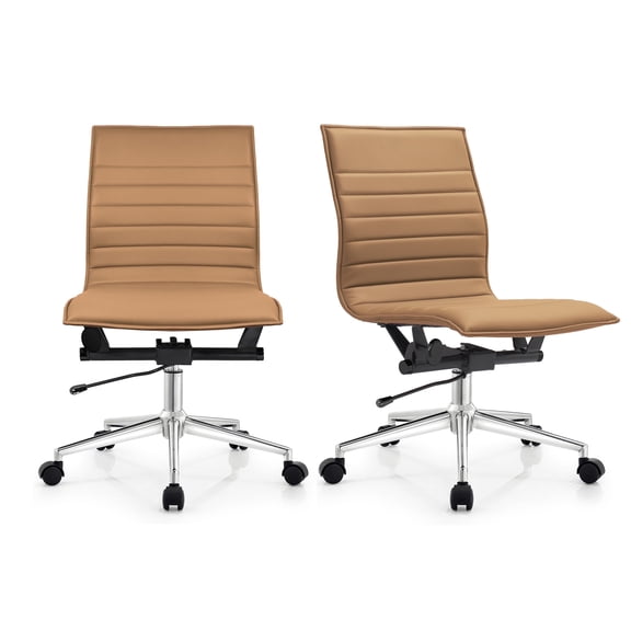 2xhome Set of 2 Mid Back Height Modern Home Office Chair, Ribbed PU Leather Seat with Swivel Tilt Adjustable Ergonomic Computer Desk Chair, Tan