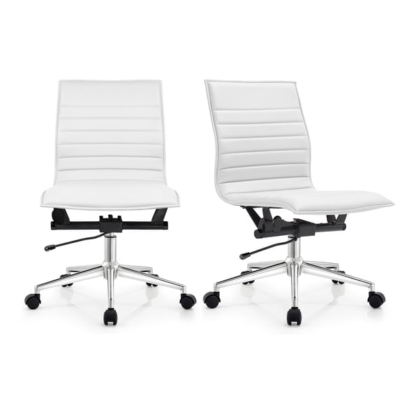 2xhome Set of 2 Mid Back Height Modern Home Office Chair, Ribbed PU Leather Seat with Swivel Tilt Adjustable Ergonomic Computer Desk Chair, White