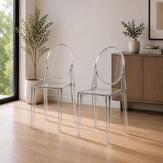 2xhome Set of 2 Modern Contemorary Dining Ghost Side Chairs Transparent Stackable Victorian Acrylic Plastic Vanity Chairs, Clear