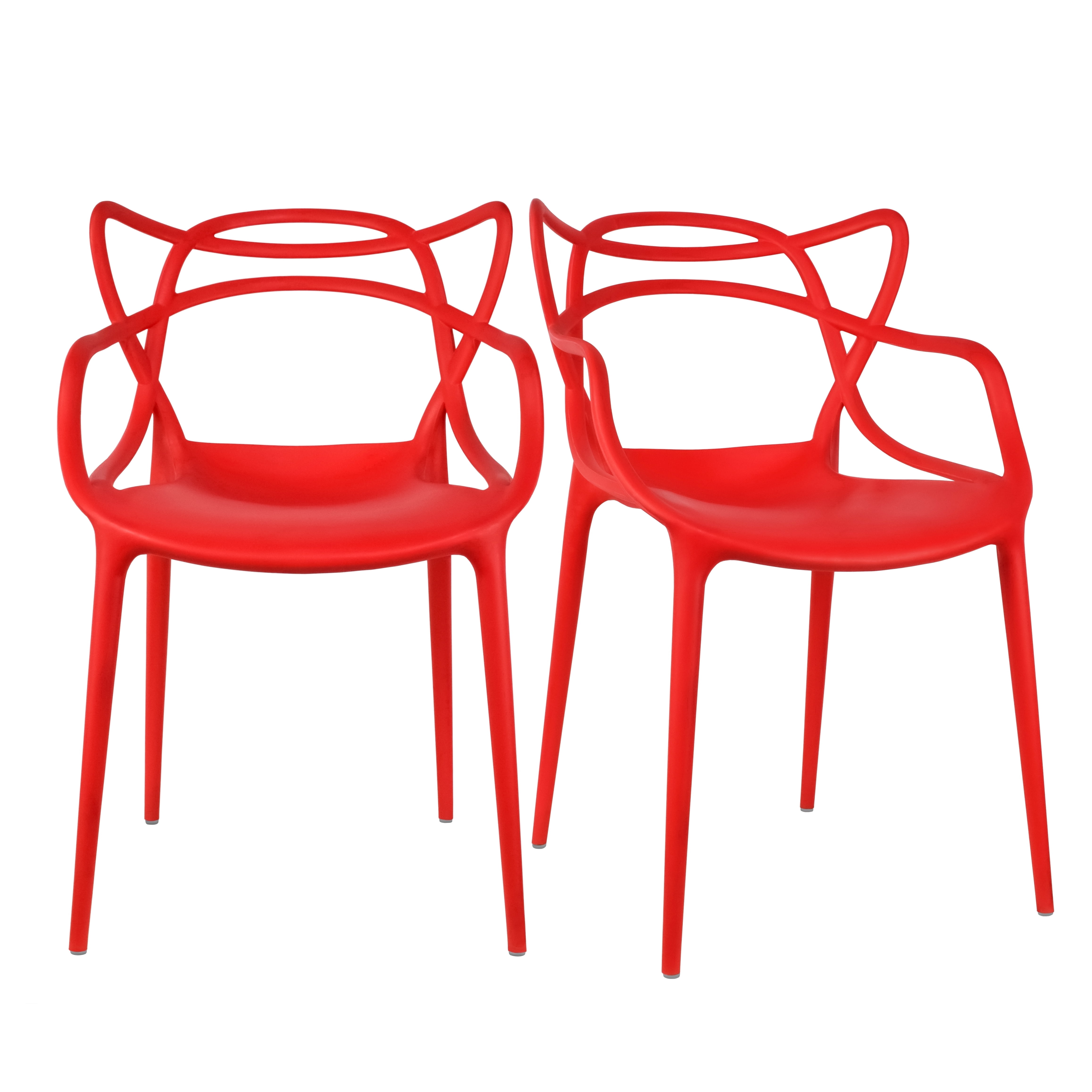 2xhome Set of 2 Modern Contemporary Designer Dining Chairs Molded Plastic Indoor Outdoor Patio Elbow Chairs, Red