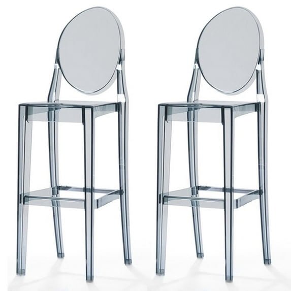 2xhome Set of 2 Modern Contemporary Dining Barstools 30" Seat Height Plastic Armless Trasnparent Stools with Legrest, Smoke