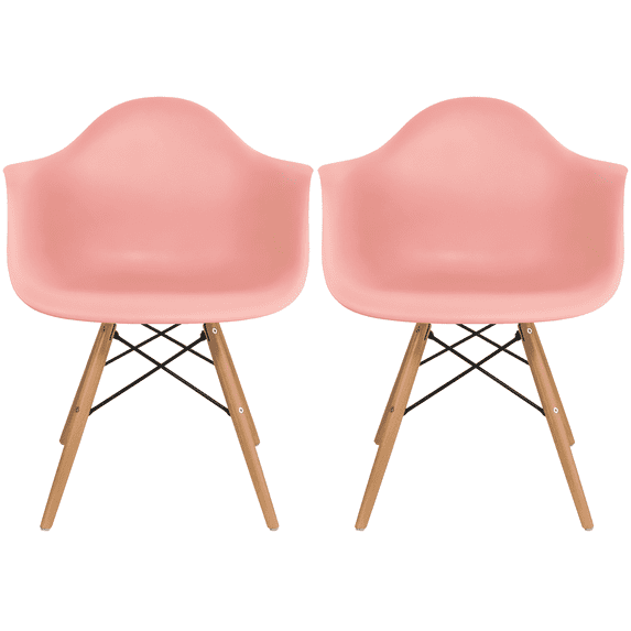 2xhome Set of 2 Modern Dining Side Chairs From Molded Plastic Armchair Shell with Natural Wooden Legs, Coral Pink