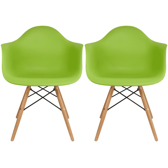 2xhome Set of 2 Modern Dining Side Chairs From Molded Plastic Armchair Shell with Natural Wooden Legs, Green