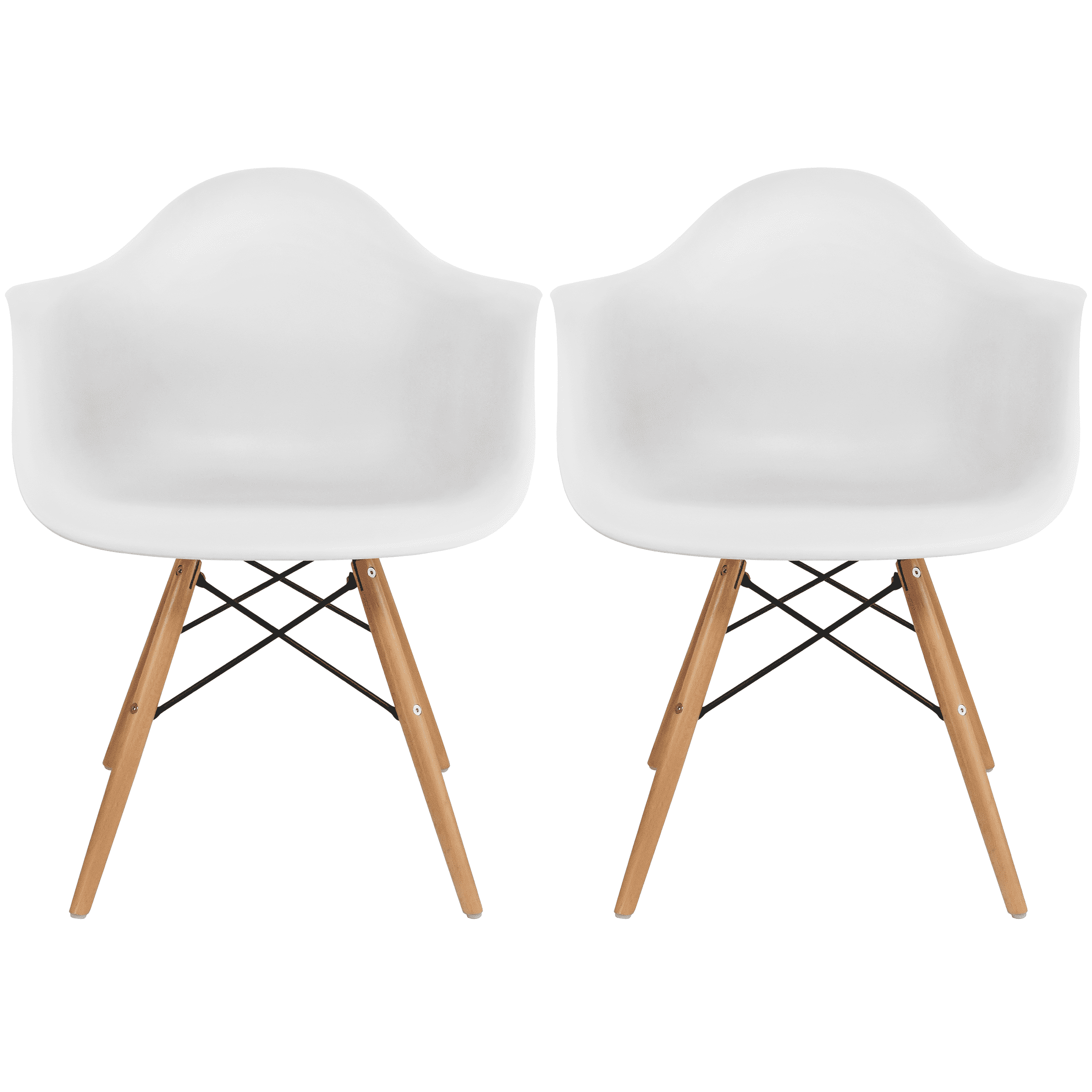 White Molded Plastic Armchairs with Natural Wooden Legs