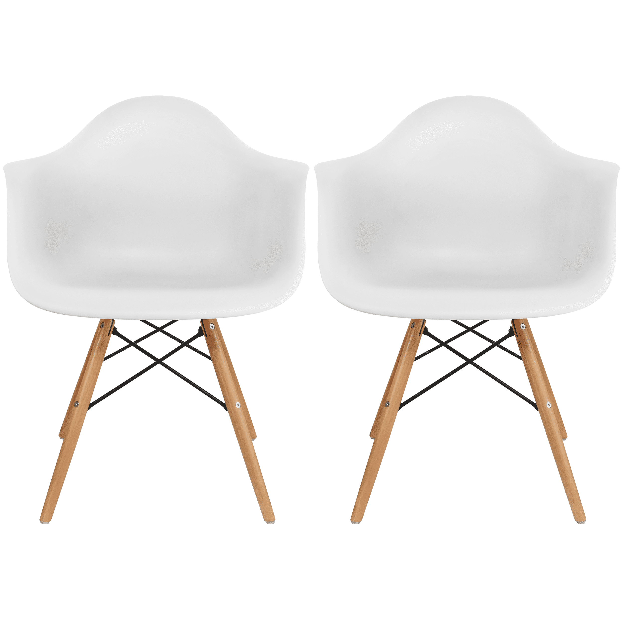 White Molded Plastic Armchairs with Natural Wooden Legs