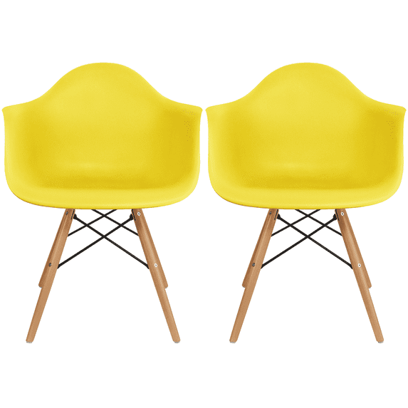 2xhome Set of 2 Modern Dining Side Chairs From Molded Plastic Armchair Shell with Natural Wooden Legs, Yellow