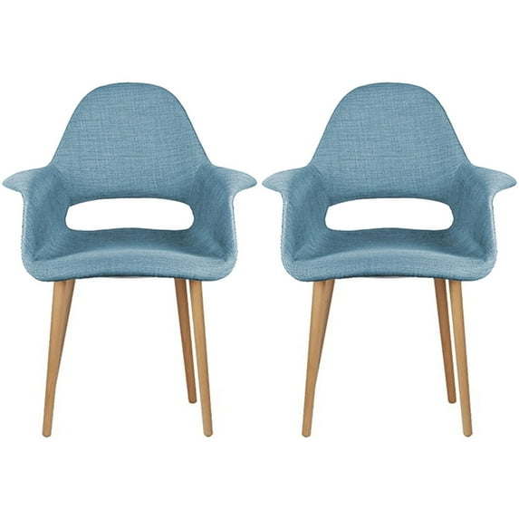 2xhome - Set of 2 Organic Upholstered Fabric Modern Armchairs with Natural Wooden Legs for Dining Room Office or Accent Chair (Light Blue)