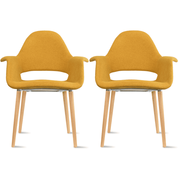 2xhome - Set of 2 Organic Upholstered Fabric Modern Armchairs with Natural Wooden Legs for Dining Room Office or Accent Chair (Tweed Yellow)