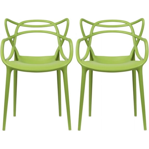 2xhome Set of 2 Stackable Contemporary Modern Designer Plastic Dining Chairs, Open Back Chairs for Indoor or Outdoor Use, Green