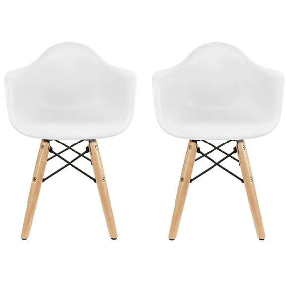 2xhome - Set of 2 Toddler Kids Size White Modern Plastic Chairs With Wood Leg Armchairs