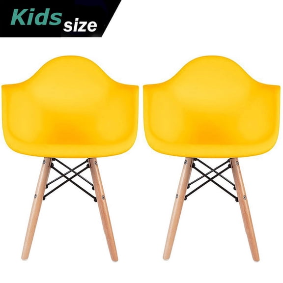 2xhome - Set of 2 Toddler Kids Size Yellow Modern Plastic Chairs With Wood Leg Armchairs